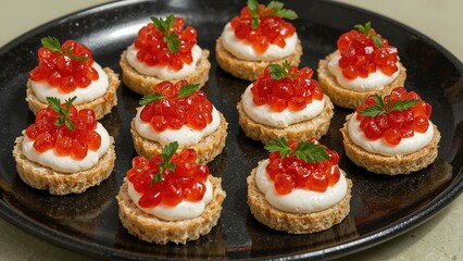 Sophisticated canapÃ©s adorned with crimson caviar, velvety soft cheese, and refreshing mint set on a black plate. Best enjoyed with wine or vodka. A novel blend of tastes and an experimental culinary