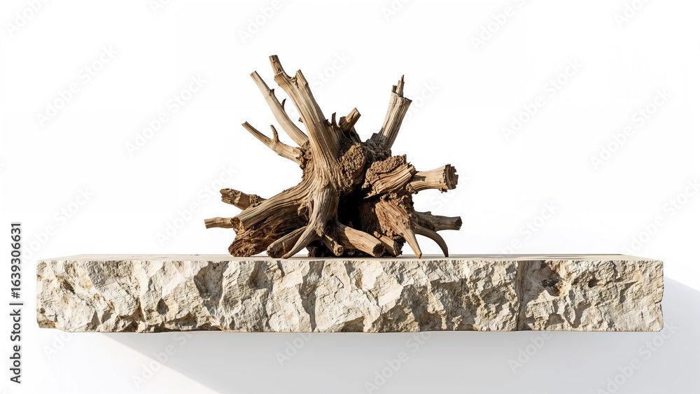 Aufkleber a decomposing root of a tree displayed on a stone platform, highlighting the rock's surface and shad