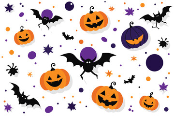 Spooky halloween pattern with smiling pumpkins bats and confetti on white background for digital backgrounds and creative projects