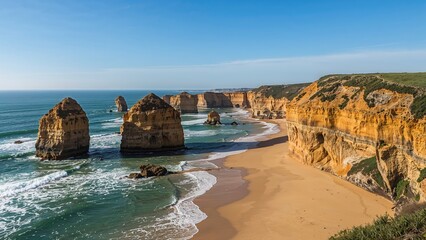 Shoreline view with prominent sea stacks and abrasion platforms shaped by the ocean waves