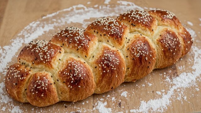 Freshly baked braided specialty bread topped with sesame and poppy seeds, made from a blend of eggs, white flour, water, sugar, salt, and yeast. Copy space available.