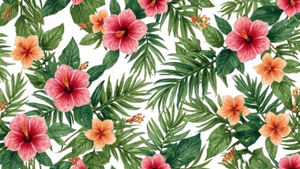 2D tropical pattern showcasing repeated hibiscus blooms and fern palm leaves for a summer-inspired beach wallpaper.