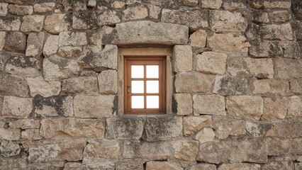 Wooden window set in a rugged stone wall, bathed in sunlight