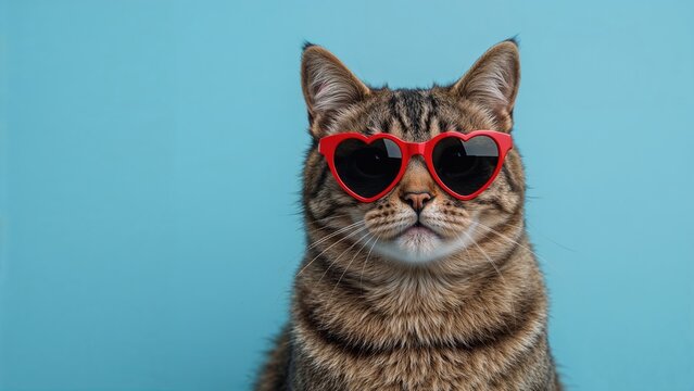 Playful pet in heart-shaped eyewear on a blue surface, great for Valentine's and romantic creations.