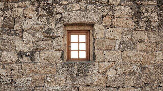 Wooden window set in a rugged stone wall, bathed in sunlight - Powered by Adobe