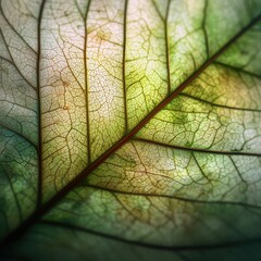 Obraz premium Illuminated Leaf Vein Detail, Nature Close-up, Green Hues, Backlit, Botanical Study