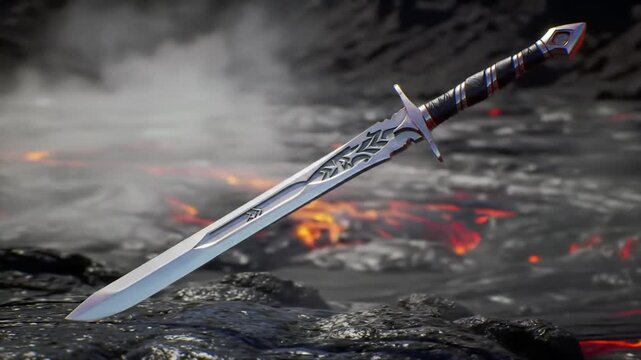 Fantasy sword emerges from fiery, volcanic landscape