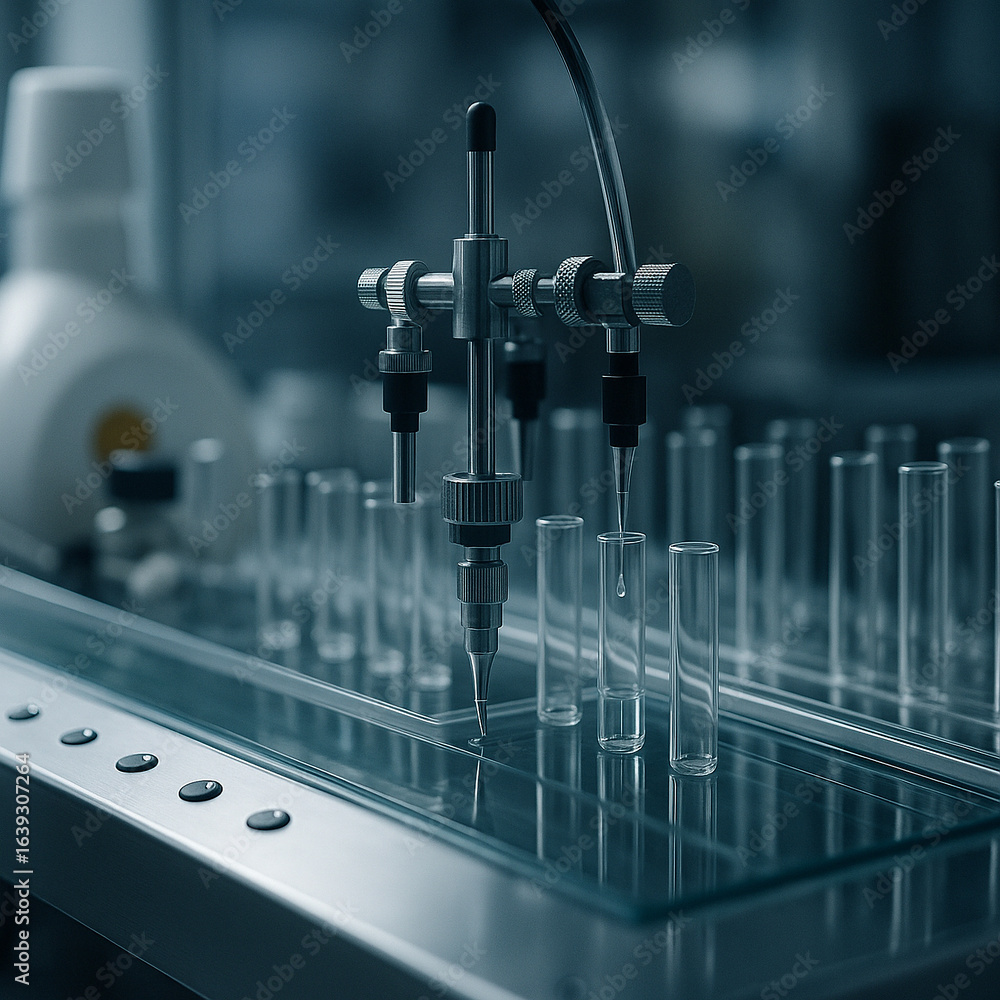 Poster ai generated image of sterile automated system dispensing liquid into test tubes on clean conveyor i