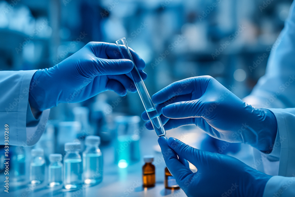 Aufkleber ai generated two scientists exchanging test tube in lab highlighting precision cleanliness teamwork 
