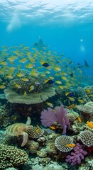 Healthy coral reef with School of fish underwater, marine life in Great Barrier Reef, Australia.
