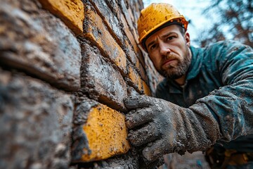 Bricklayer constructing house walls from brick and concrete