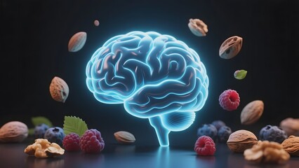 Illuminated brain surrounded by nuts and berries, symbolizing cognitive health and nutrition.