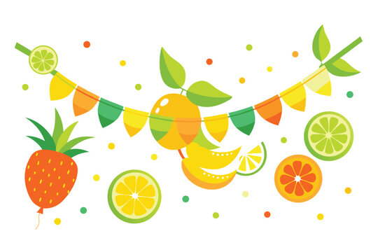 Festive tropical fruit garland design with pineapple balloon and confetti perfect for summer parties celebrations