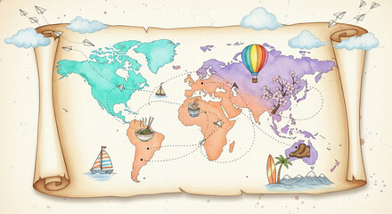 A whimsical, pastel-colored world map, illustrated with travel icons, paper airplanes, and a parchment texture, evokes a lighthearted, adventurous mood.
