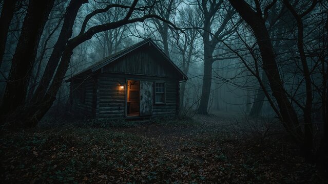 Moody twilight scene featuring a rustic wooden hut amidst dense forest