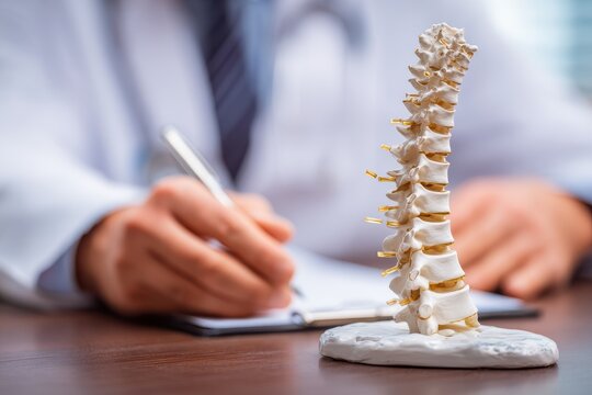 Medical male doctor focuses on spinal model while taking notes in a clinical setting during a consultation or examination to explain patient care