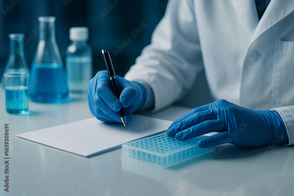 Poster ai generated scientist writing notes near microtube rack in clean high tech lab environment with blu