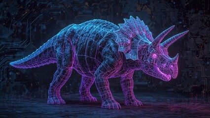 Artificial Intelligence Rendered Triceratops in Wireframe Hologram