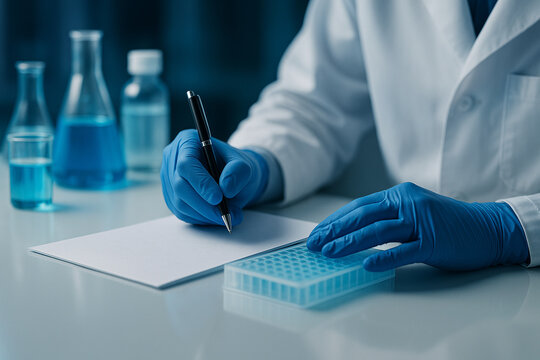 AI generated scientist writing notes near microtube rack in clean high tech lab environment with blue chemical solutions and sterile atmosphere for research and analysis