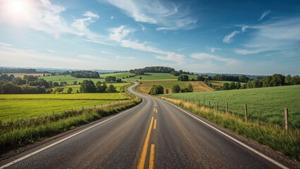 A luminous, bending trail cuts through vibrant rural scenery with a striking blue sky overhead, representing exploration and travel.
