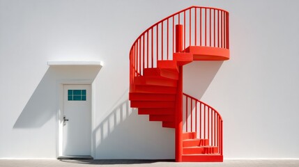 Red spiral staircase is in front of a white door