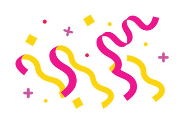 Celebration background with confetti and ribbons for festive events and party designs pink and yellow shapes on white