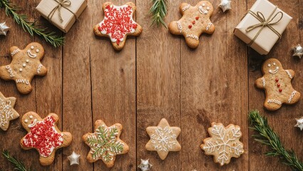 Fototapeta premium Different yummy holiday treats spread across a wooden tabletop, aerial view