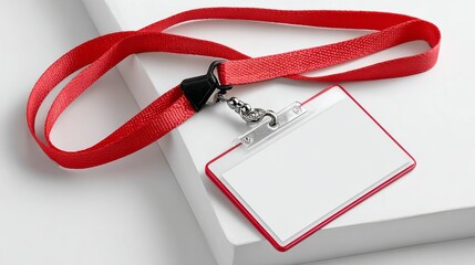 Red lanyard with a white name tag attached to it