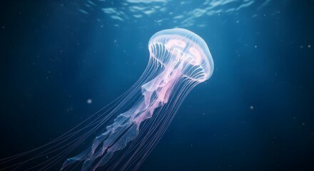 Bioluminescent jellyfish gracefully drifting in deep blue ocean water with light rays.