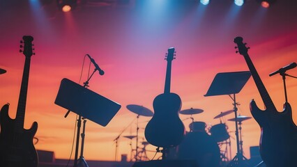 Silhouettes of musical instruments on a stage with vibrant sunset backdrop