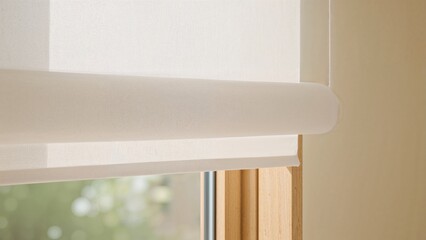Detailed view of light-colored fabric roll-up blinds against a wooden textured window in a sitting room
