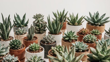 Obraz premium Assorted potted succulents photographed from multiple perspectives on a plain white backdrop