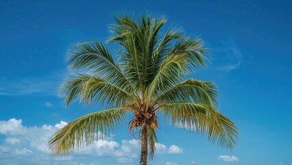 Tropical palm tree framed by a serene blue sky