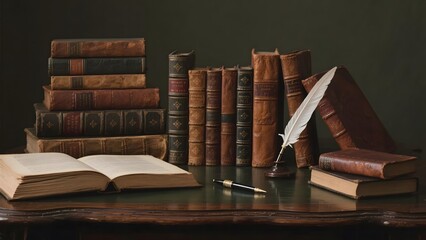 A collection of vintage books arranged on a wooden table with an open book and quill pen.