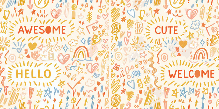 Whimsical doodle pattern with positive words and icons