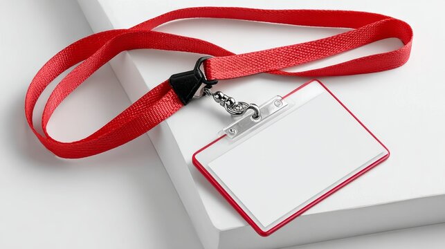 Red lanyard with a white name tag attached to it - Powered by Adobe
