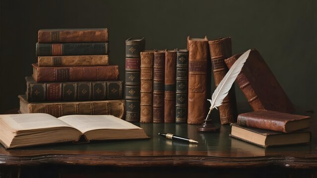 A collection of vintage books arranged on a wooden table with an open book and quill pen.