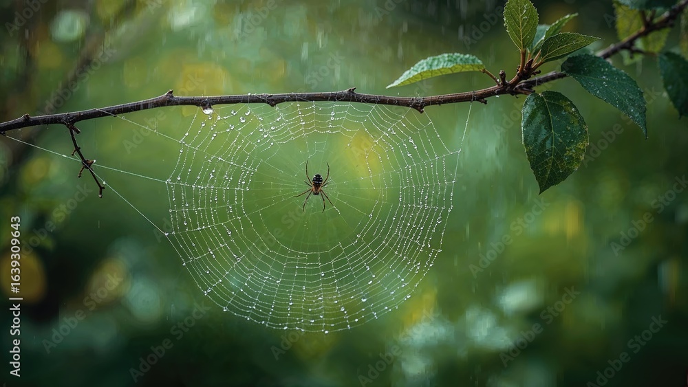 Poster spider on a web adorned with raindrops in a natural setting with trees and leaves