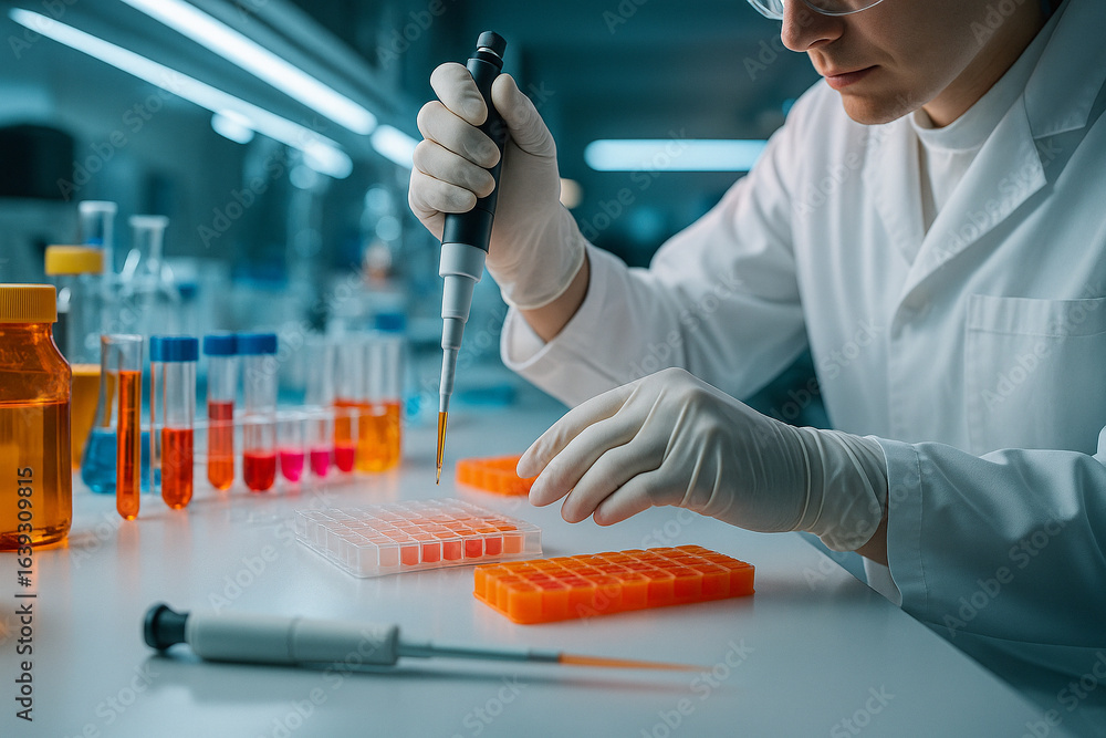 Aufkleber ai generated scientist using micropipette with accuracy in sterile laboratory reflecting professiona