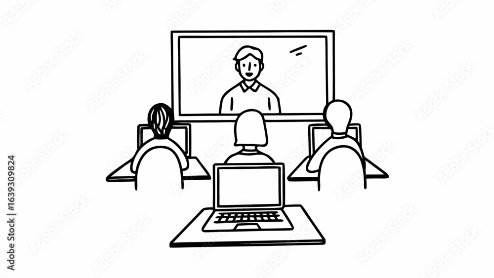 Poster people attending a video conference with a presenter visible on a large screen in a meeting room set