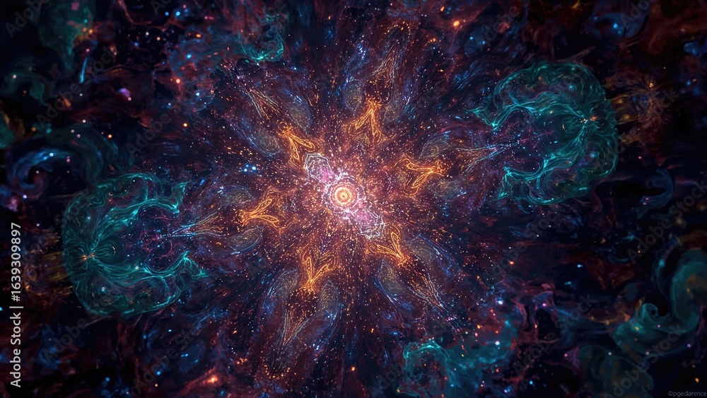 Poster bright and colorful fractal artwork displaying an enchanting star explosion surrounded by particles.