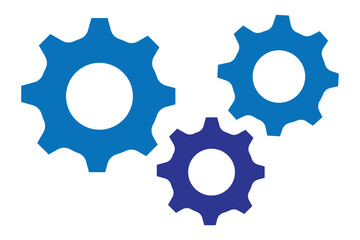 Gear setting icon set. Blue gears mechanism and cog wheel on white background. Vector illustrations.