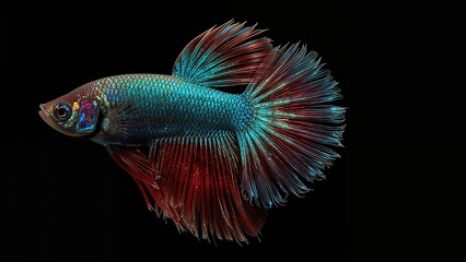 Detailed View of Rosetail Betta Fish with Vivid Colors Set on a Black Canvas