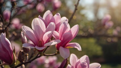 Intimate capture of radiant pink magnolia petals opening in a sun-drenched garden, featuring a muted nature scene behind.