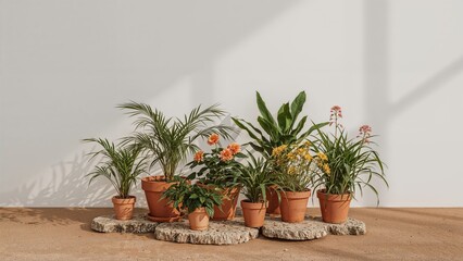 Assortment of potted plants displayed on a stone tile surface against a plain white backdrop.
