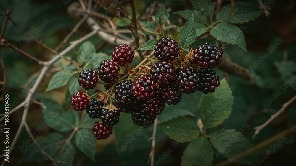 Poster macro image of black berries clustered on a wild bush, highlighting selective sharpness.