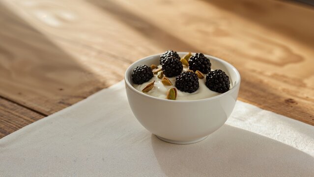 Macro shot of a bowl filled with yogurt, blackberries, and pistachios placed on a table
