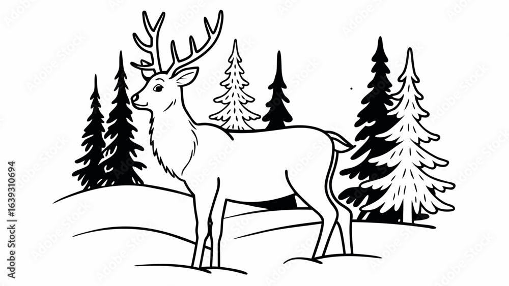 Poster a deer standing in a snowy landscape with pine trees in the background in black and white drawing st