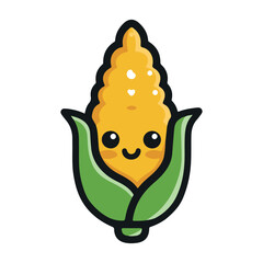 Illustration of a cute cartoon corn cob with big eyes and a smile on a white isolated background