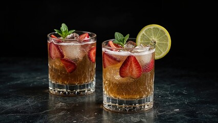 Icy cocktail blending fresh strawberries, lemon, and mint, elegantly displayed in glasses over a dark setting.